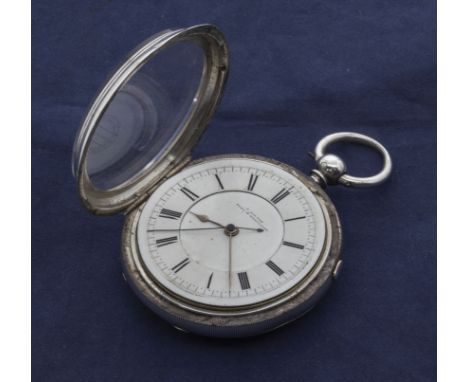 J. Hilton 19th century heavy and large open faced silver chronograph key wind pocket watch, lever escapement. Hall mark Chest