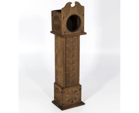 Victorian mantle pocket watch holder, in the form of a Grandfather clock, carved tramp work to the front and sides. Height.13