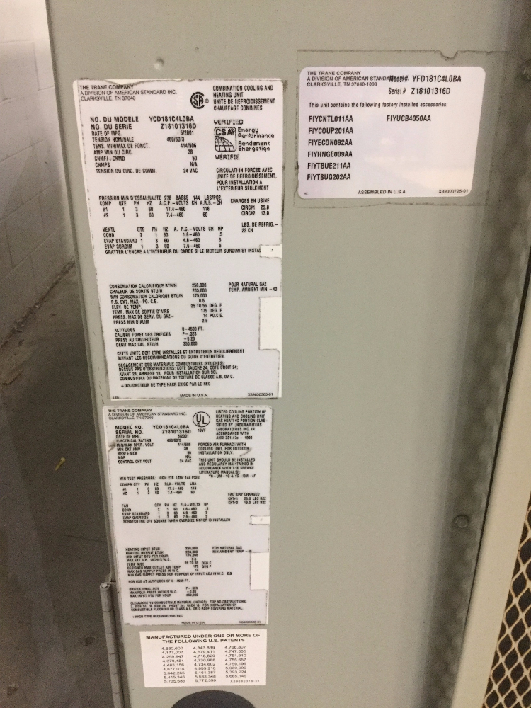 Trane 25 Ton RTU HVAC System, Model Model YCD181C4L0BA, SN Z18101316D