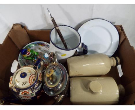 A good mixed lot to include foot warmers, enamelled pot and plate, a Murano style glass clown, plated  teapot and other