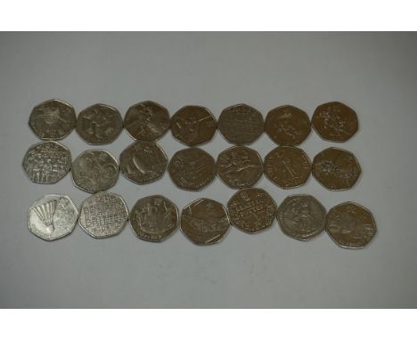 Coins: twenty one collectable 50p coins, comprising: Archery; Badminton; Beatrix Potter Portrait; Basketball (2); Battle of H