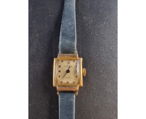 A vintage Rotor yellow metal manual wind ladies wristwatch,&nbsp;16mm, stamped 18k 750, on leather strap. 