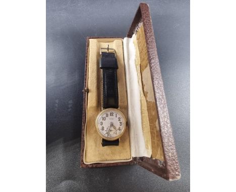 A 1920s Rolex 18ct gold manual wind wristwatch,&nbsp;31mm, import mark Glasgow 1924, case No 9203, on black leather strap. 