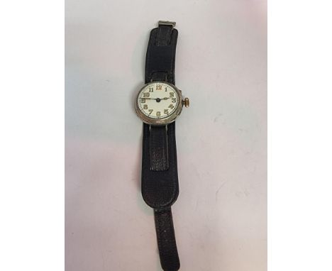 A WWI officer's manual wind steel trench watch, 41mm, on leather strap. 