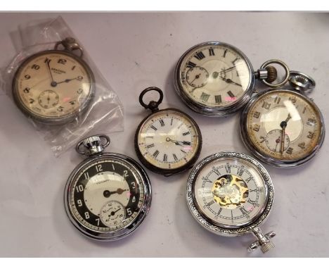 Six various open face pocket watches; to include a Services Army example; and a .935 key wind example. 