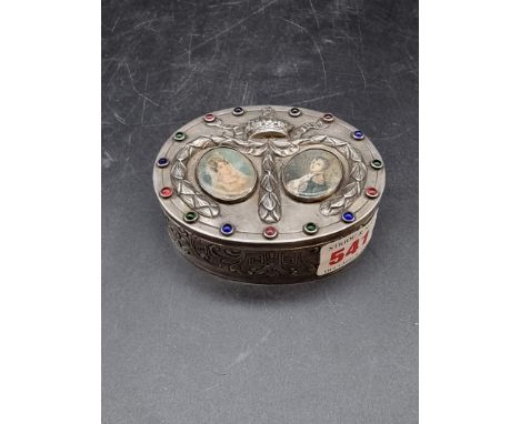 A 19th century French Napoleon &amp; Josephine commemorative oval white metal casket,&nbsp;the hinged cover mounted with two 