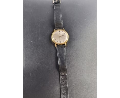 A circa 1968 Omega Geneve gold plated manual wind wristwatch, 34mm, cal 610, Movement No. 27365926, on replacement black leat
