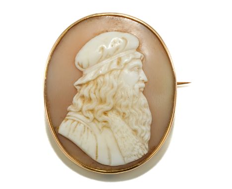 A 19th century yellow gold and shell cameo brooch, carved depicting the portrait of a gentleman, mounted in a yellow gold fra