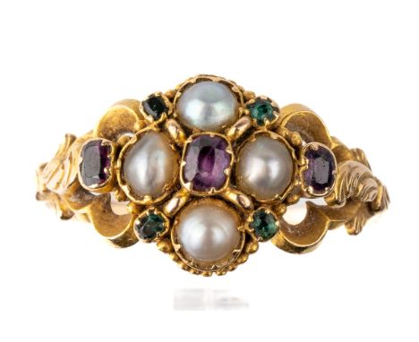 A 19th century yellow gold and gem-set ring, set with pearls and green and pink stones in closed backed settings, scrollwork 