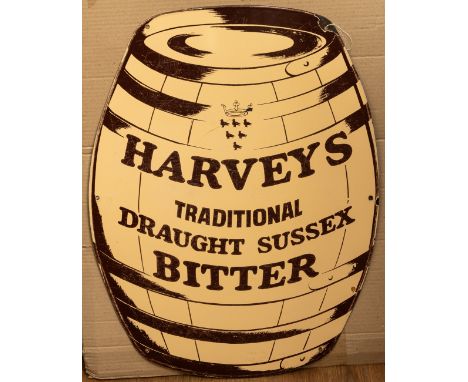 Harvey's Bitter enamel  tin sign in form of a beer barrel, approx. 62 x 47 cm Minor chipping to enamel, some surface wear