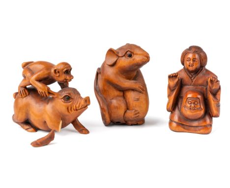 Three Japanese carved netsuke - geisha, rat and a monkey riding a pig, 2 with signatures at base Pigs leg has been broken but