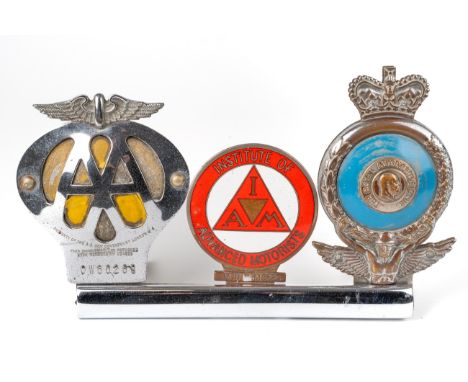 Three car bumper badges, to include AA, IAM and RAC Enamel loss to AA badge, wear to plating