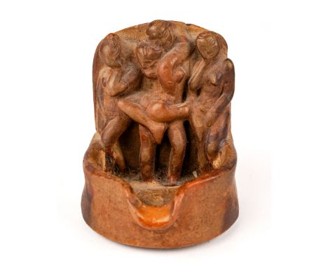 Erotica- small Indian oil lamp decorated with  erotic scene, 6.5 cm tall In good worn condition