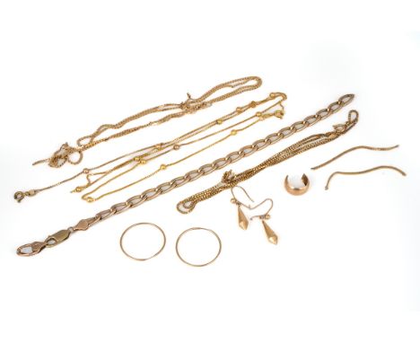 A collection of gold, including a 14k yellow gold chain, gross weight 4.4g (af); and group of 9ct gold including earrings and