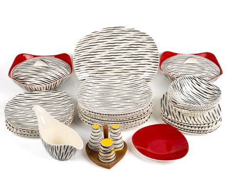 A mid-century Midwinter Zambesi dinner service, comprising tureens and covers, dinner plates, side plates, gravy boat, cruet,