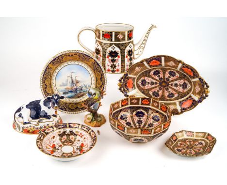 A collection of Royal Crown Derby porcelain including tea pot, bowls, paper weight and Blue Tit, together with Lynton porcela