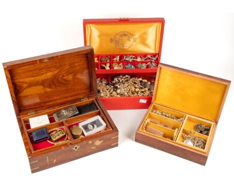 A quantity of costume jewellery, including a pair of 15ct gold dress studs approx 3.8g; brooches, chains, necklaces, watches,