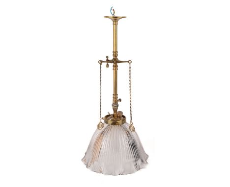 An antique converted brass pendant gas lamp original Holophane glass shade, rewired. The lamp has been wired for electricity,