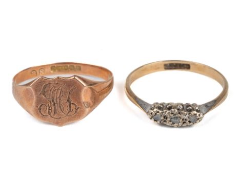 A 9ct rose gold monogrammed ring, size O, total gross weight approx 1.4g; together with a 9ct yellow gold and diamond chip ri