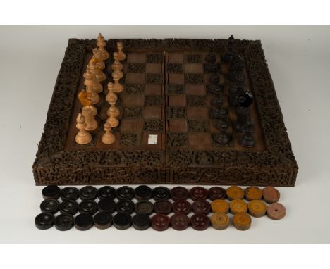 Anglo Indian folding chess, backgamon board. Sandalwood lined. With Vizagapatam ivory inlay decoration together with various 