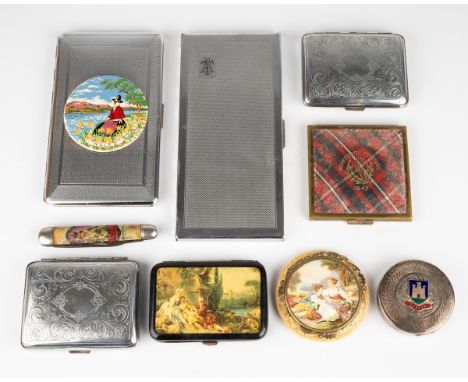 A collection of compacts and cigarette cases, including circular white metal compact with enamelled Dunbar crest; 1953 Corona