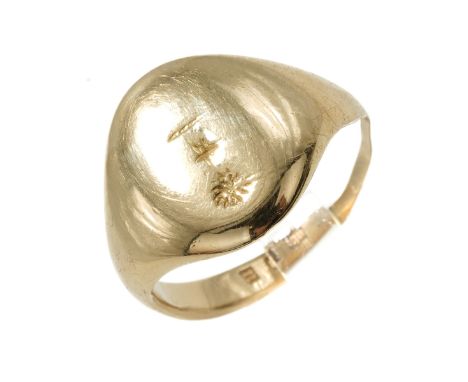 An 18ct yellow gold signet ring, engraved detail, size I, gross weight approx 5.3g Wear commensurate with age, thinning to ba