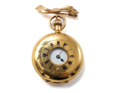 An 18ct yellow gold half hunter ladies fob watch, the outer hinged cover with circular dial with enamel Roman numerals, openi