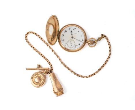 A 9ct gold Rolex half hunter pocket watch, the outer case with blue enamel Roman numerals, the white enamel dial with black A