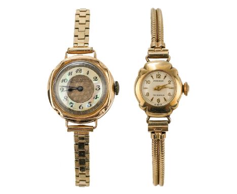 A 9ct gold cased ladies wristwatch, mother of pearl chapter ring, Arabic numerals, gold plated strap; and another yellow meta