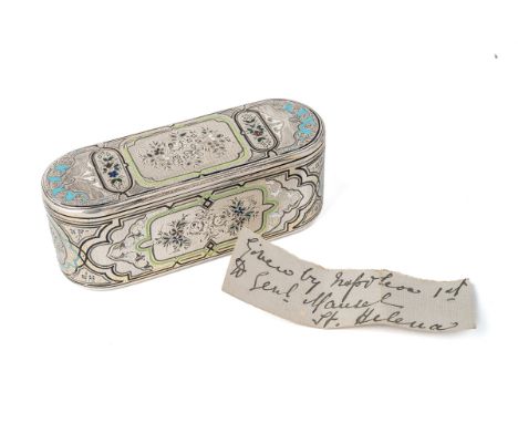 A 19th century French silver and enamel rounded rectangular snuff box, engraved floral decoration throughout inlaid with poly