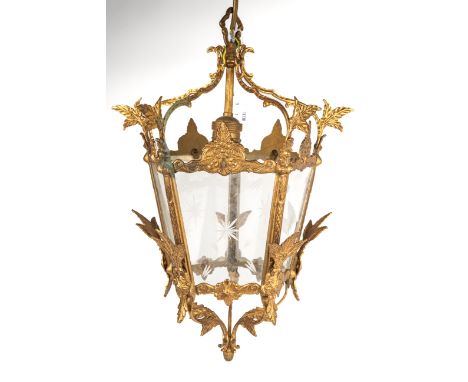 Brass and etched glass hanging lantern light fitting,  approx. 40 cm tall In good overall condition.