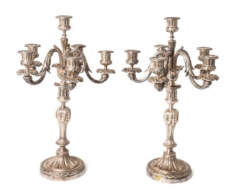 A pair of French Christofle silver plated 6 light 5 branch candelabra, marked to base, approx. 45 cm tall In good condition, 