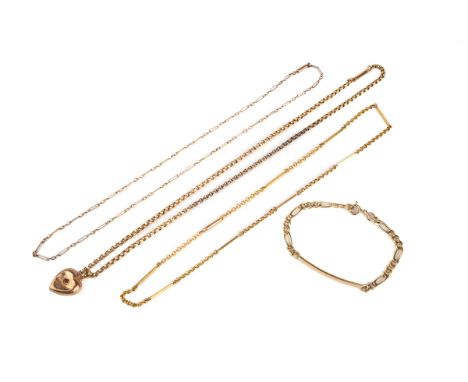 A late 19th/early 20th century 9ct yellow gold belcher link chain and heart pendant, total gross weight approx 6.3g; a 9ct ye