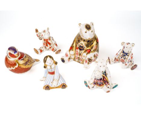 A collection of Royal Crown Derby paperweights, including Imari bear with stopper; Imari bird with stopper; three smaller bea