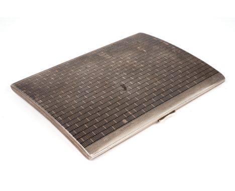 An Art Deco large silver cigarette case, of curved form with black enamel design, engine turned borders, opening to reveal a 