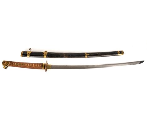 A Japanese Katana WWII era sword, leather scabbard, brass mounted, overall length 99 cm In good condition, please refer to ph