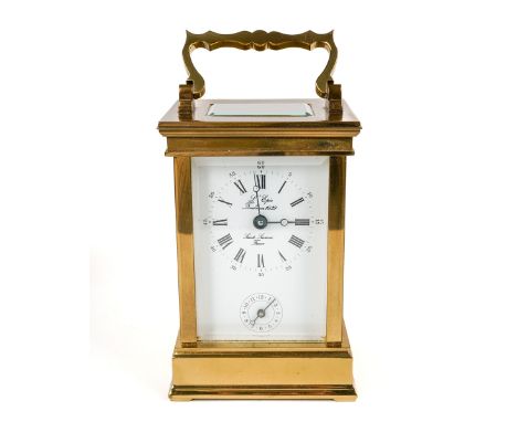 A 20th century French repeating brass carriage clock by L’Epée, white enamel dial with Roman and Arabic numerals, subsidiary 