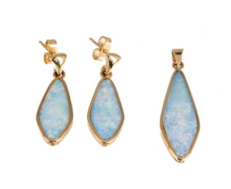 A 9ct yellow gold and opal earring and pendant set, the lozenge shape opals in rub-over settings, post and butterfly fittings