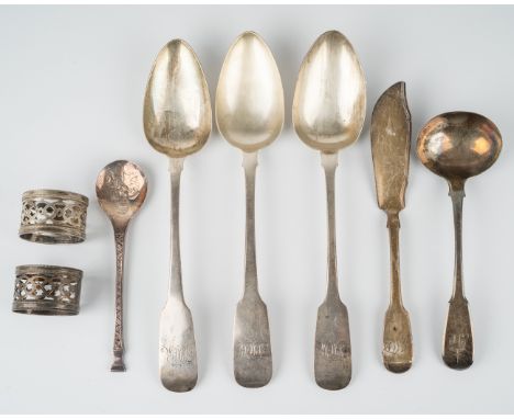 Three 18th Century Irish silver fiddle pattern table spoons with rat tails, engraved with initials, hallmarked Dublin; 1 x Jo