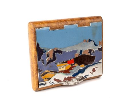 Alfons Walde (1891 – 1958) - an Art Deco silver, enamel and birdseye maple cigarette box, the hinged cover with polychrome cl