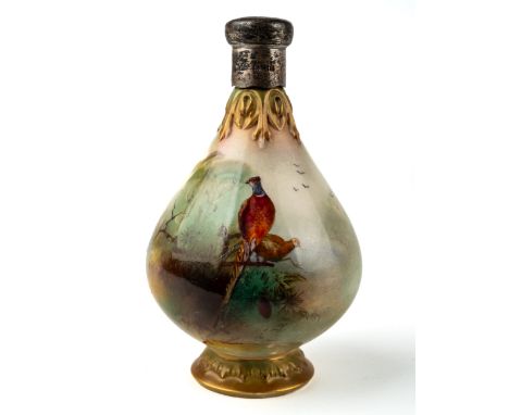 An early 20th century Royal Worcester vase, painted with pheasants, with a silver top, approx 12cm high, green stamp to base 