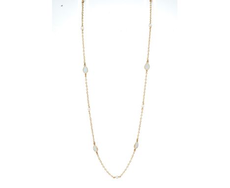 A 9ct yellow gold pearl and opal chain necklace, the fine belcher chain set with alternating pearls and pear-cut opals, appro