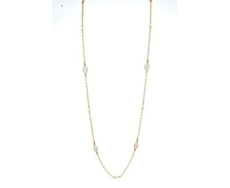 A 9ct yellow gold pearl and opal chain necklace, the fine belcher chain set with alternating pearls and pear-cut opals, appro