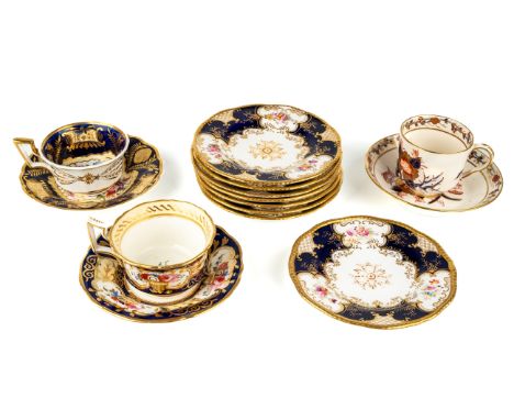 A set of eight Coalport Batwing side plates; a Coalport gilded fern cup and saucer; a Grainger Worcester Cobalt blue cup and 