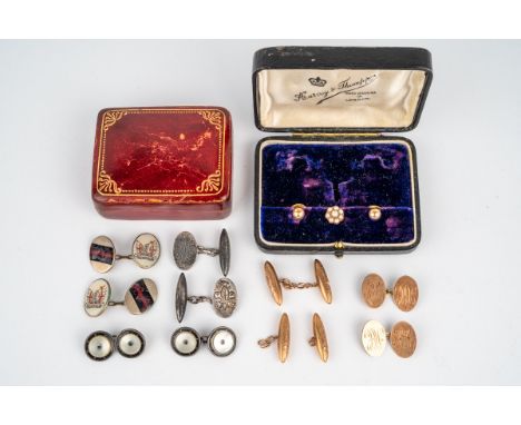 A collection of cufflinks, including a pair of 9ct gold collar studs and a yellow metal and seedpearl stud, in a fitted case;