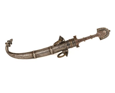 A 19th century Moroccan jambiya koummya, having 23.5 cm curved blade, with a brass, silver and enamel  scabbard. In good over