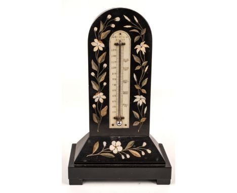 A Victorian Derbyshire Ashford Marble desk thermometer, arched rectangular form with spreading rectangular base, inlaid with 