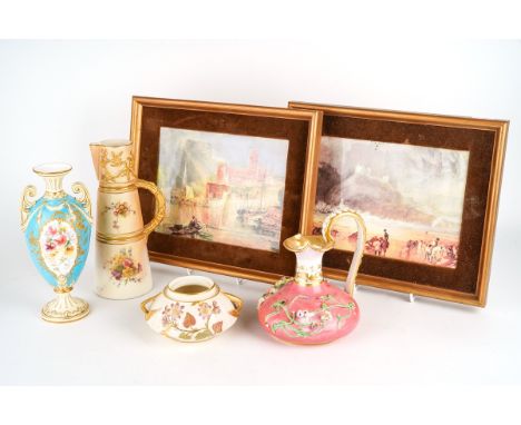 A collection of English porcelain, including two framed Coalport Views of England plaques, Royal Worcester blush ivory two ha