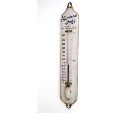 Vintage enamel Stephens Inks advertising wall  thermometer, approx. 61 cm long Generally good order, minor chipping to enamel