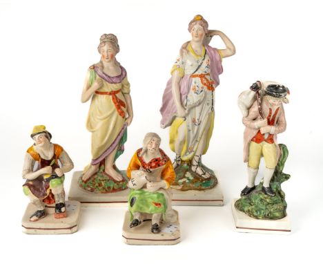 A collection of early 19th century Staffordshire pearlware figures, including The Lost Sheep, Diana Goddess of Hunting, Cobbl